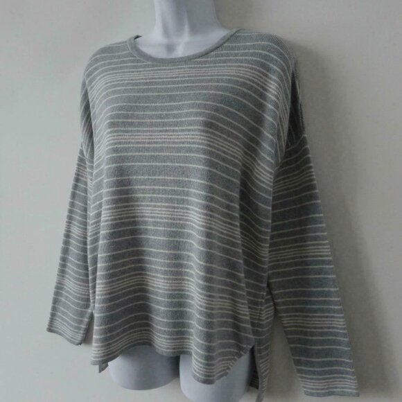 New EILEEN FISHER Grey White Stripe Organic Cotton Crew Neck Box Top Sweater S - Picture 2 of 7